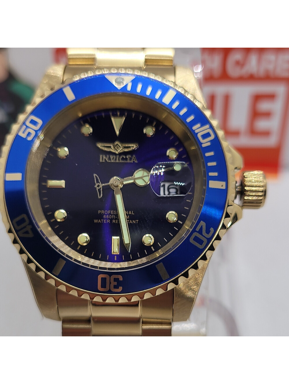 258 Invicta 40mm Professional Diver 200m quartz Date Blue Dial/gold